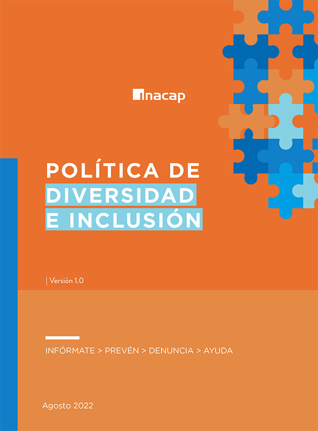 Imagen portada fondo naranja, letras blancas con enlace directo al PDF Política De Diversidad E Inclusión